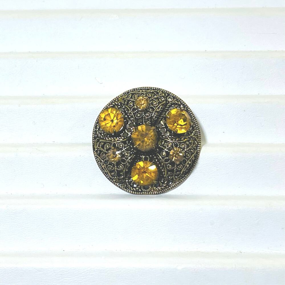 Vtg Czech Amber Crystal Stones Filigree Open-Work Brooch Antiqued